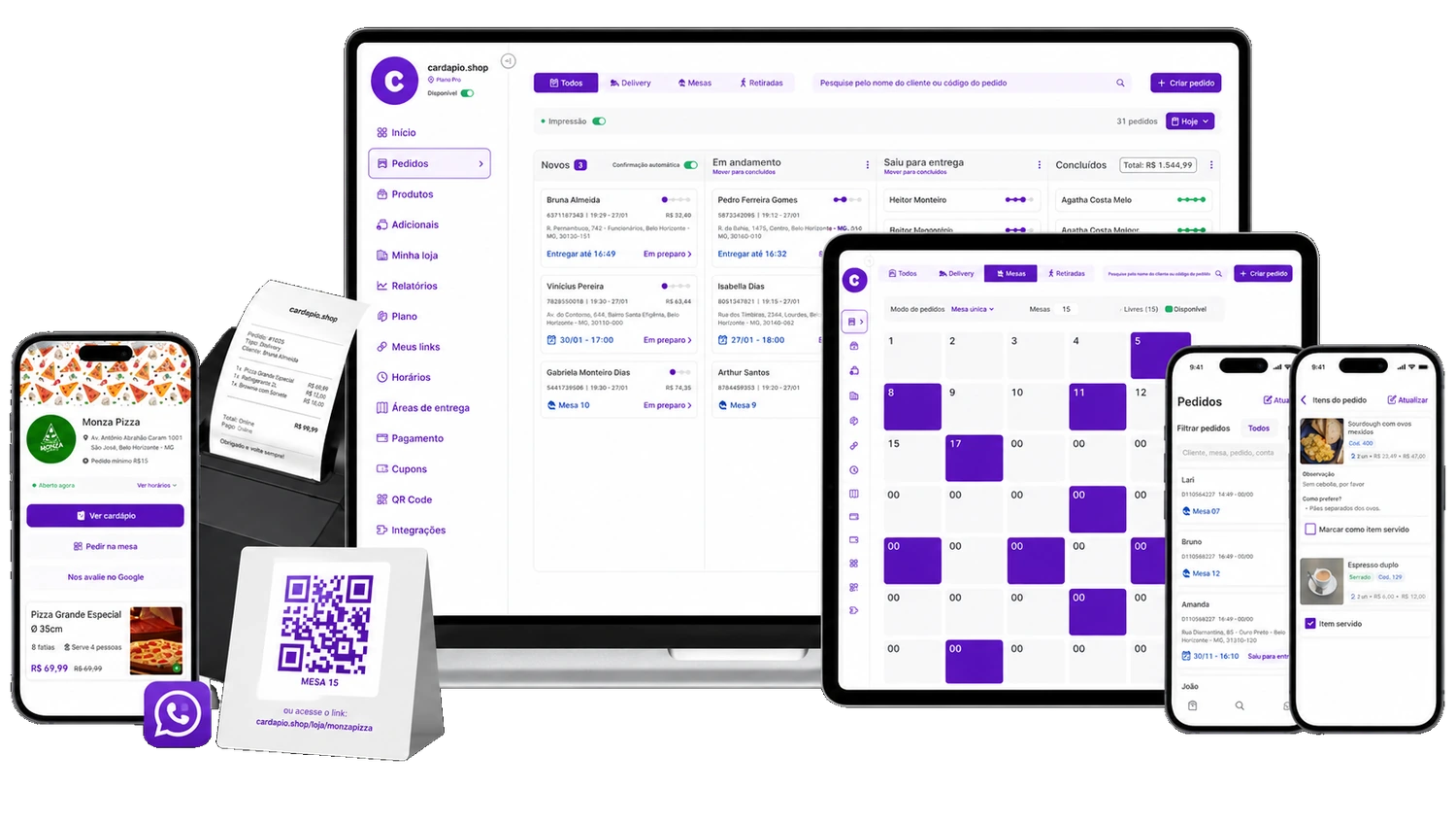 Cardápio Shop em celular, impressora, QR Code, notebook, tablet e app de pedidos