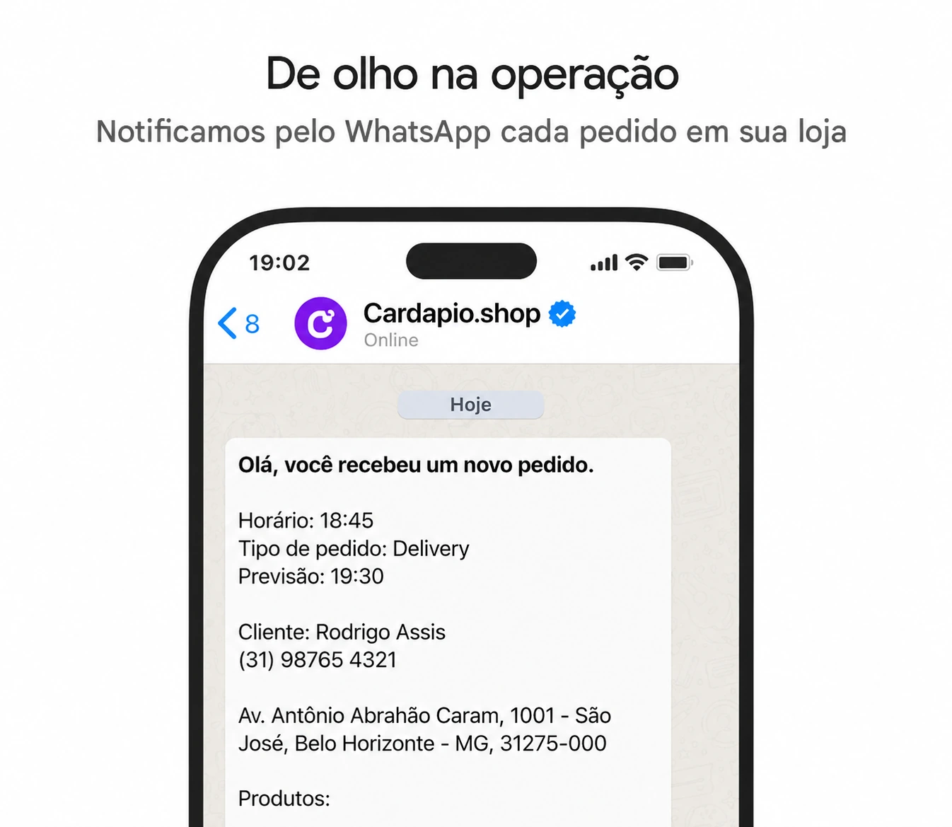 Notificação de novo pedido enviada pelo WhatsApp